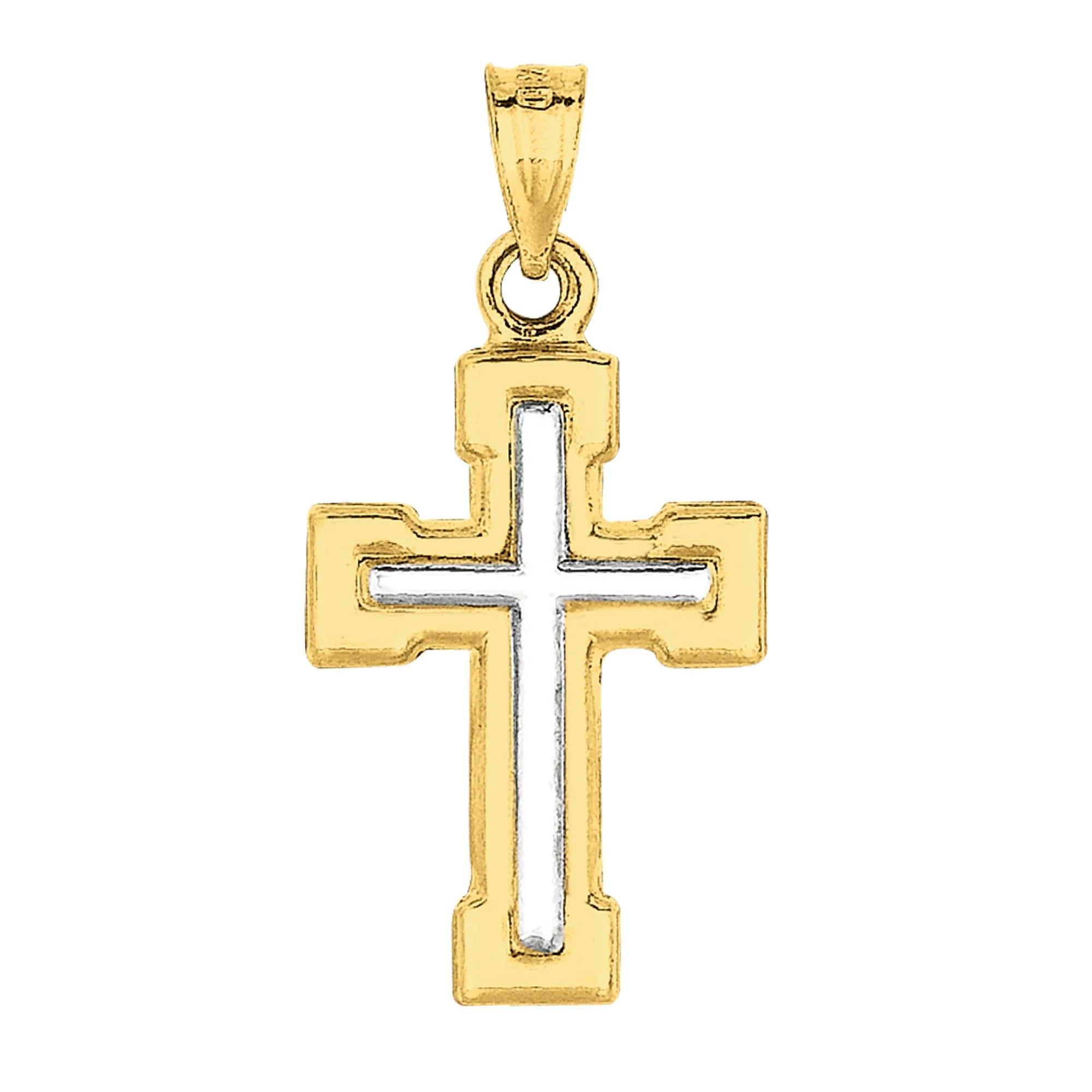 14k 2 Tone Gold Shiny Finish Square Tube Cross Pendant