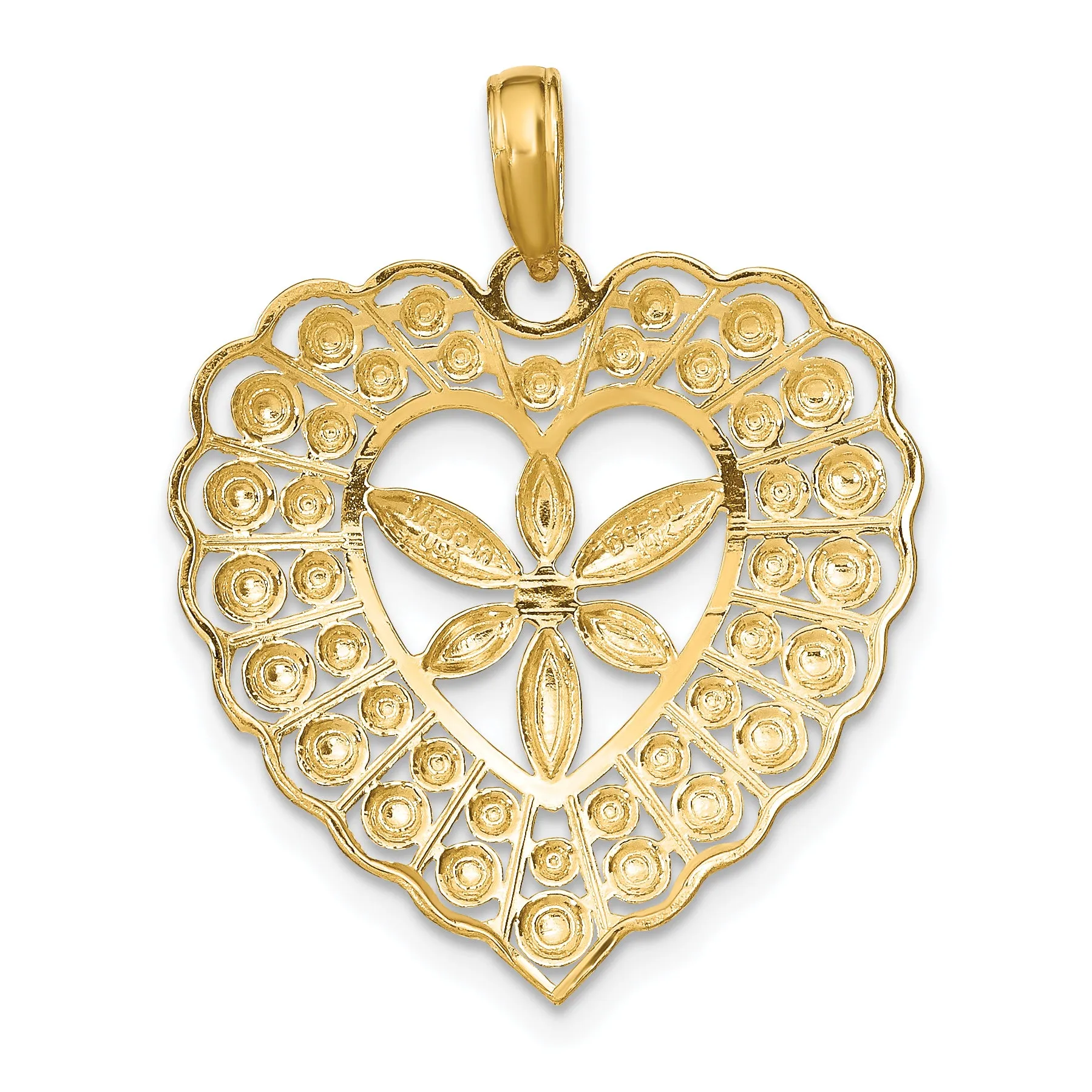 14k Yellow Gold Rhodium Flower and Beaded Heart Pendant