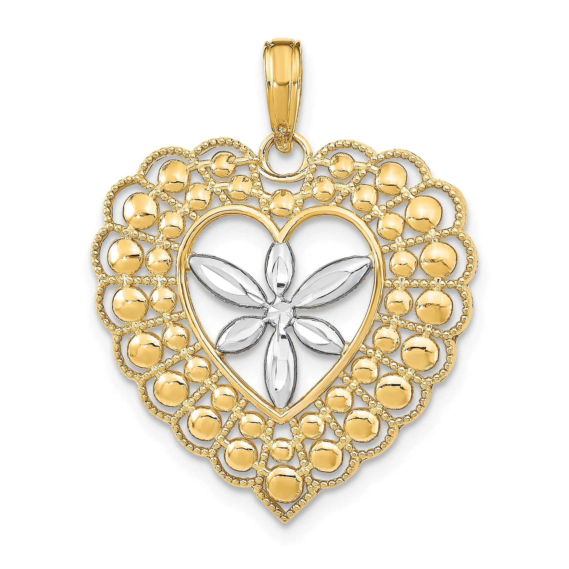 14k Yellow Gold Rhodium Flower and Beaded Heart Pendant