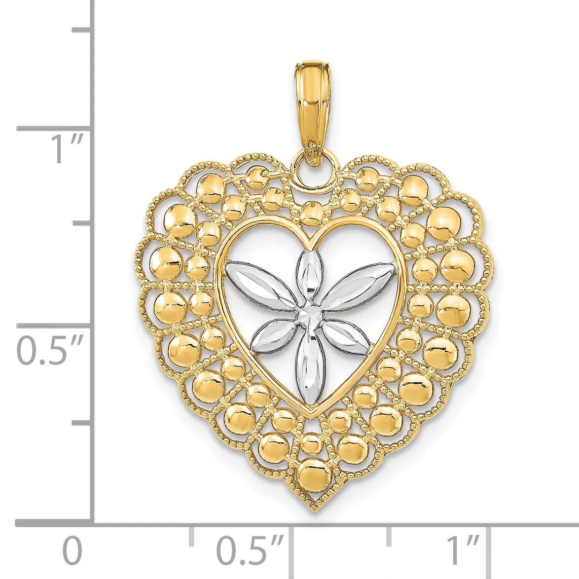 14k Yellow Gold Rhodium Flower and Beaded Heart Pendant