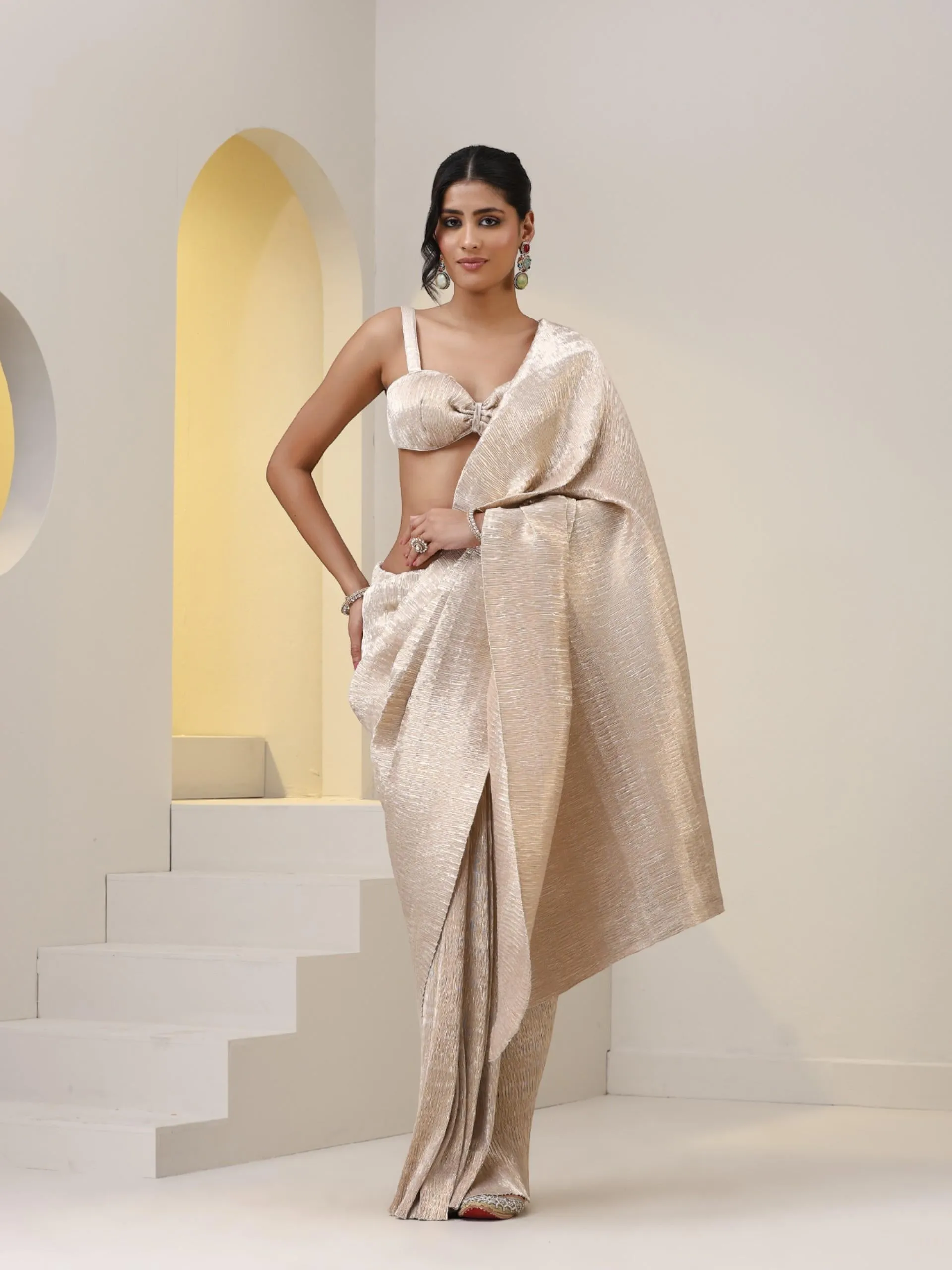 2 pc SET - Primrose Shiny Pleated Pre-Draped Saree with Pleated Blouse Fabric