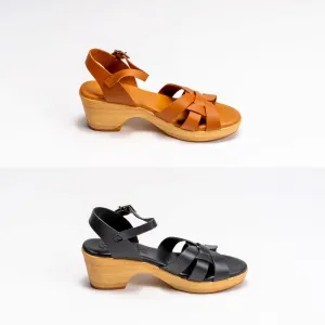 5387 Spanish leather strappy sandals/wedge  in Tan and Black