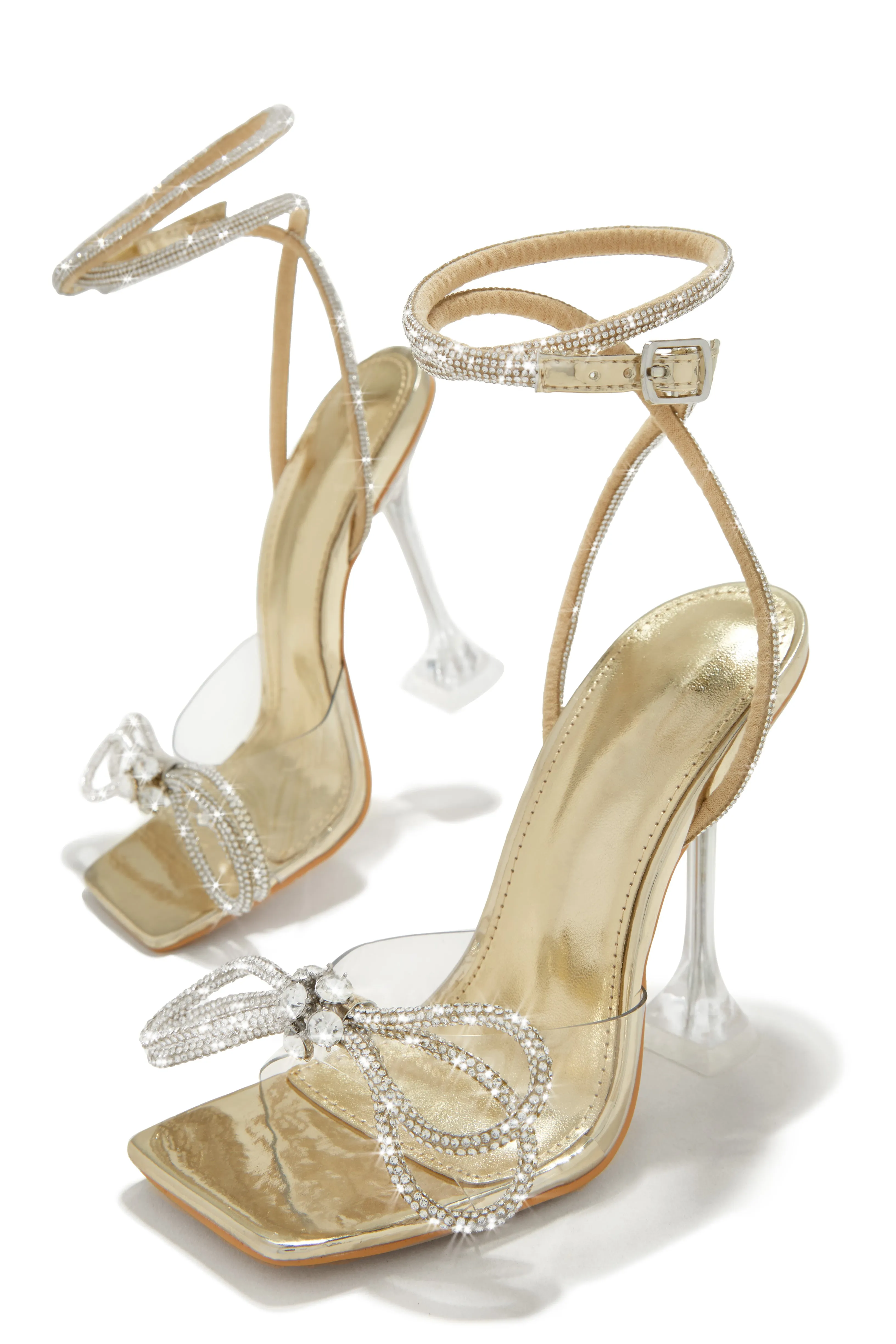 Amaria Embellished Bow Strap High Heels - Gold