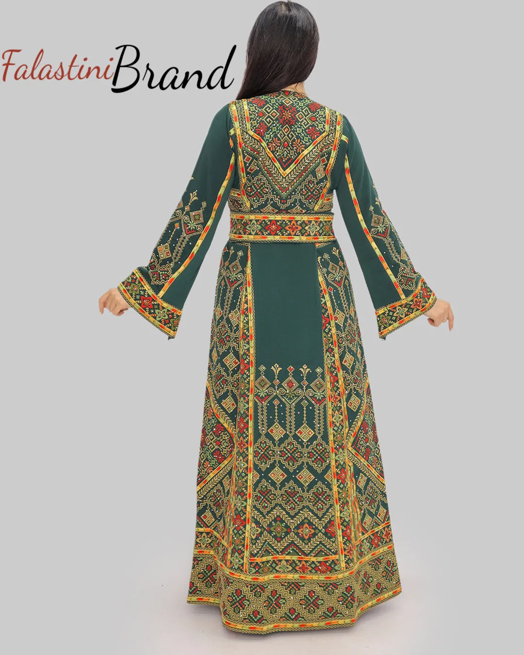 Amazing Green Palestinian Embroidered Thobe Dress With Astonishing Embroidery