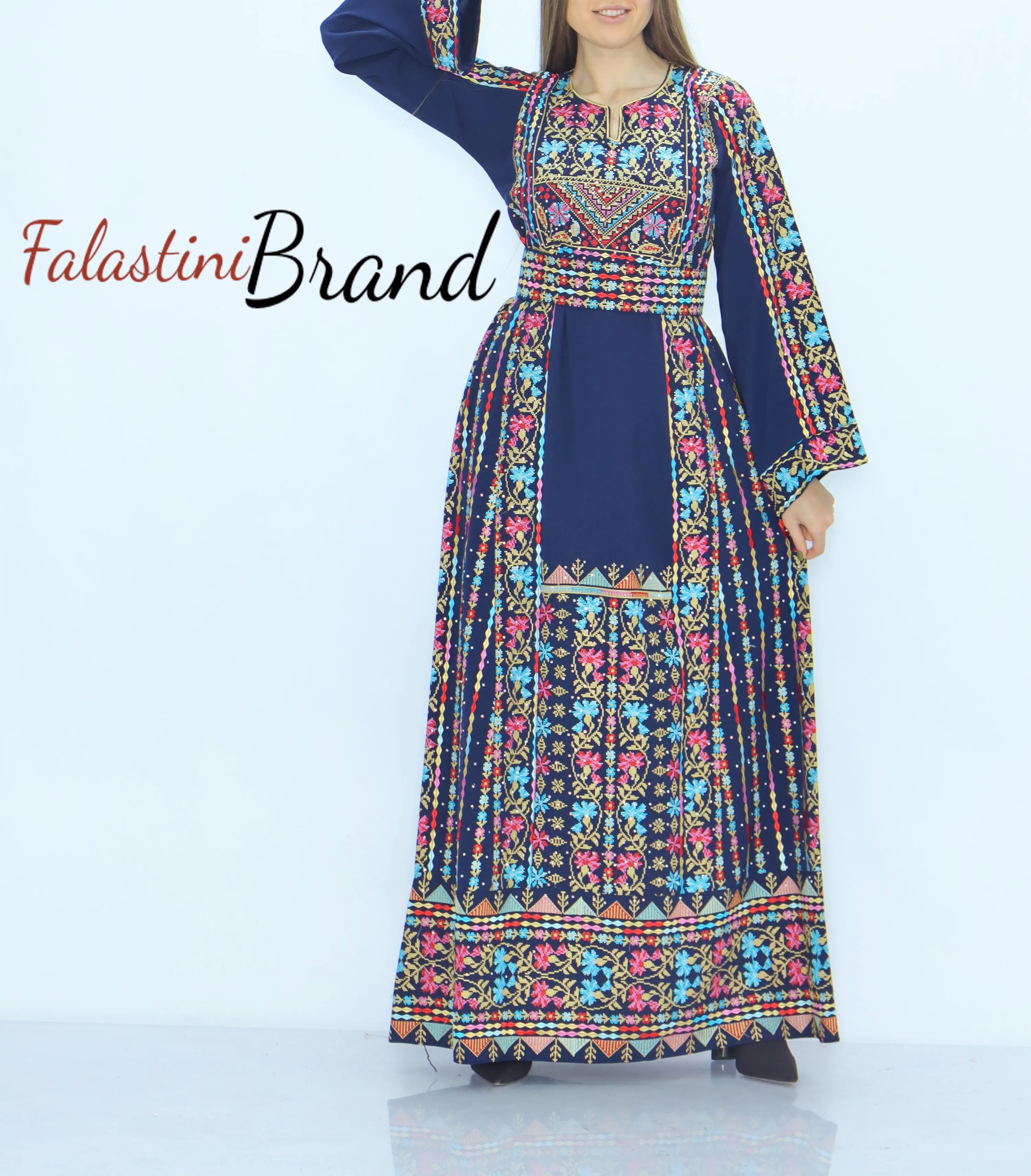 Amazing Navy Palestinian Embroidered Thobe Dress With Astonishing Embroidery