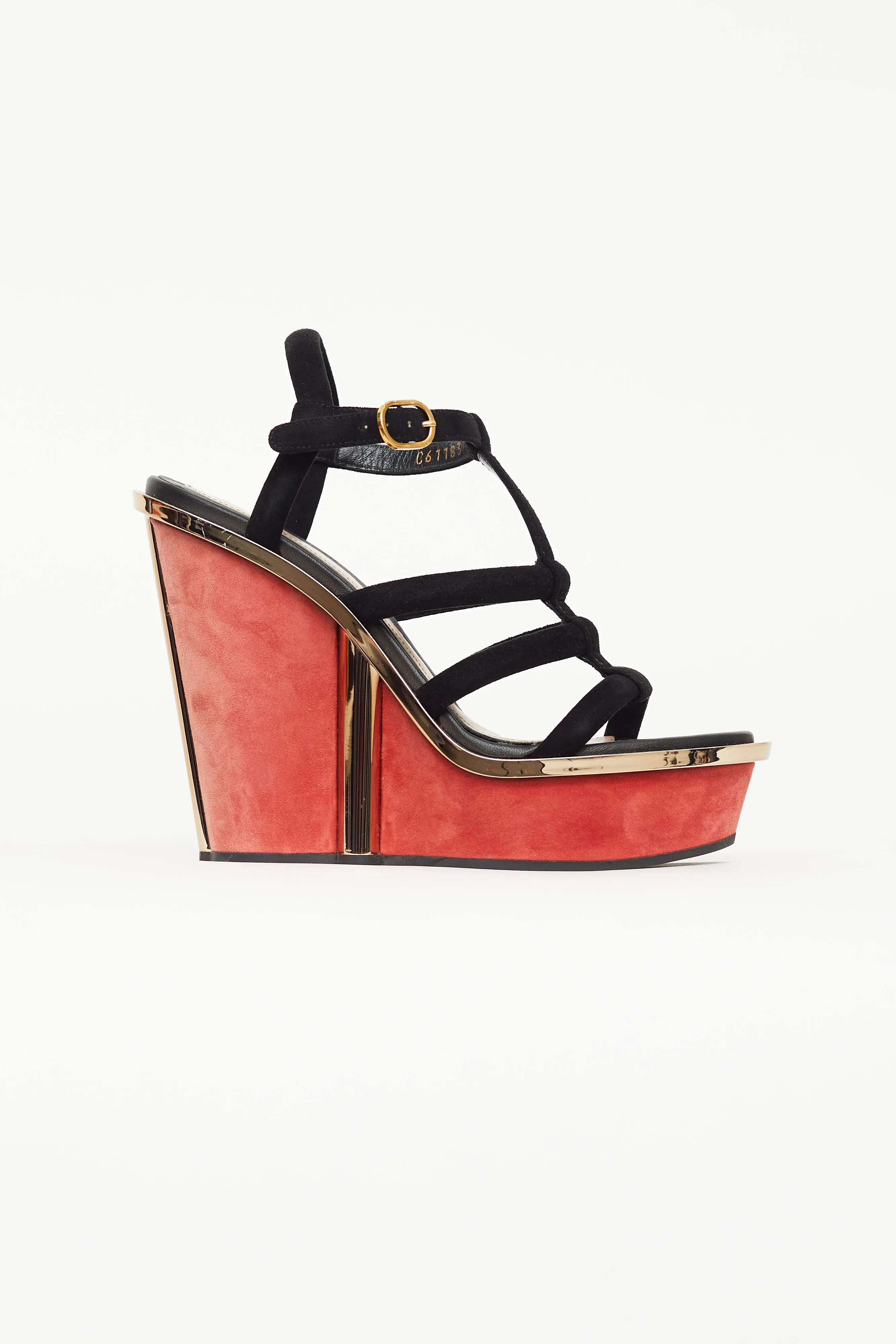 Black & Red Suede Caged Wedge