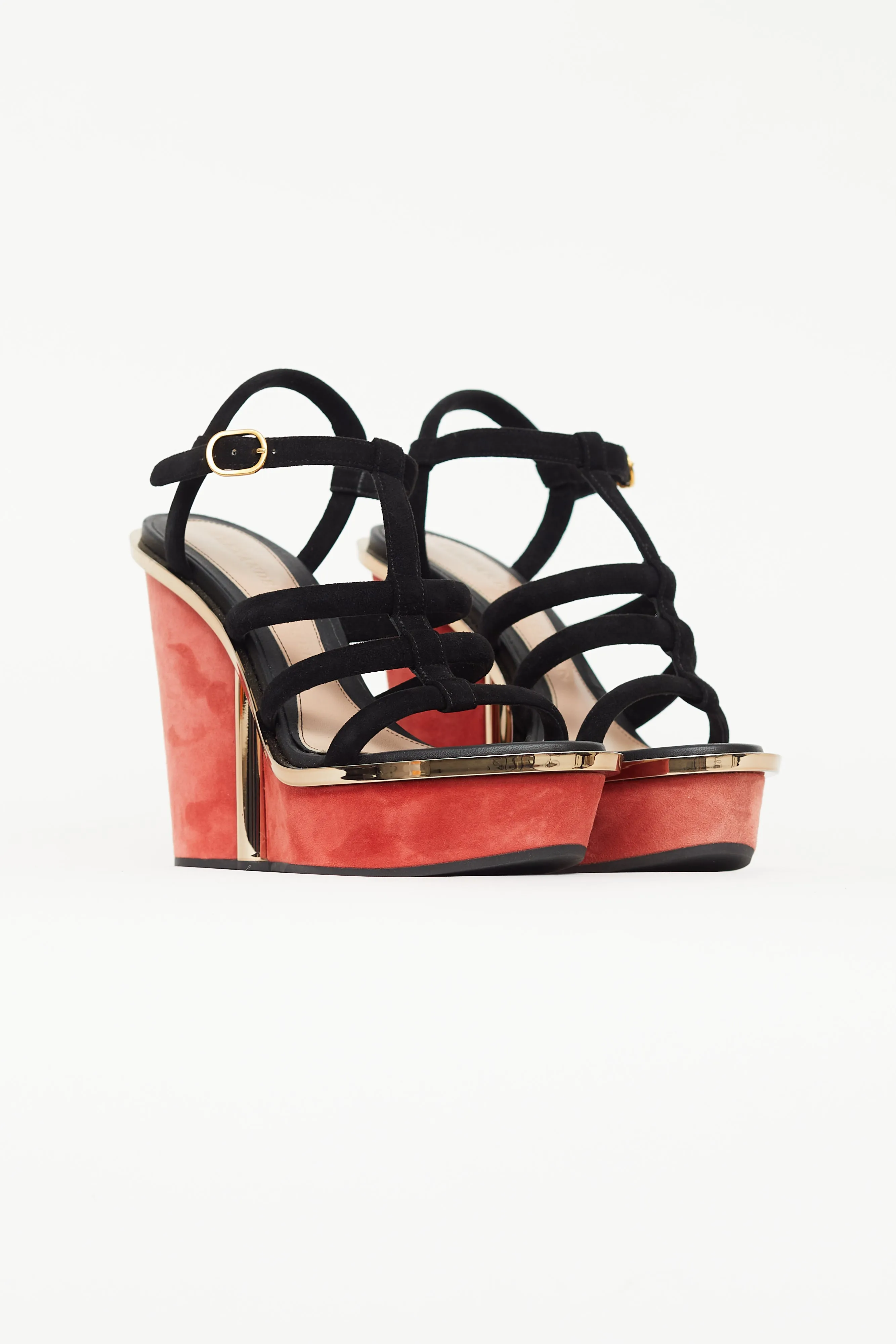 Black & Red Suede Caged Wedge