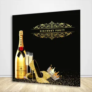 Black and Gold Backdrop 50th Birthday Backdrop Ideas Champagne High Heels Wine Glass Crown