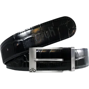 Black Crocodile Textured Leather Belt with Prong Buckle