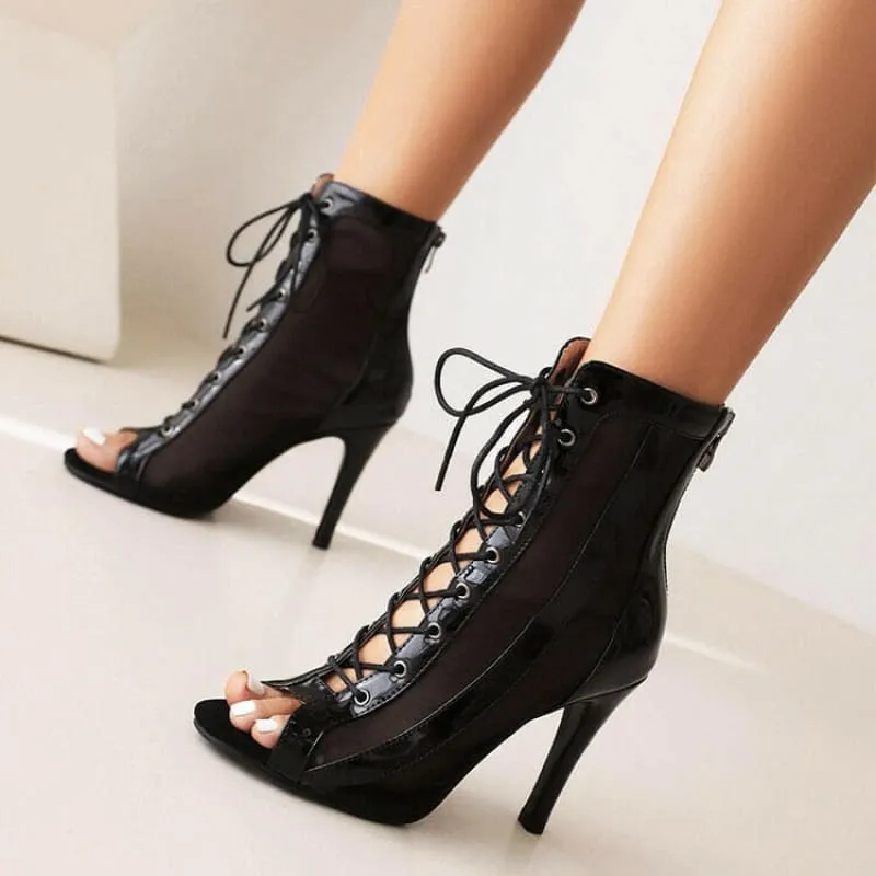 Black High Heel Open Toe Short Lace Up Patent Boots for a Chic Look