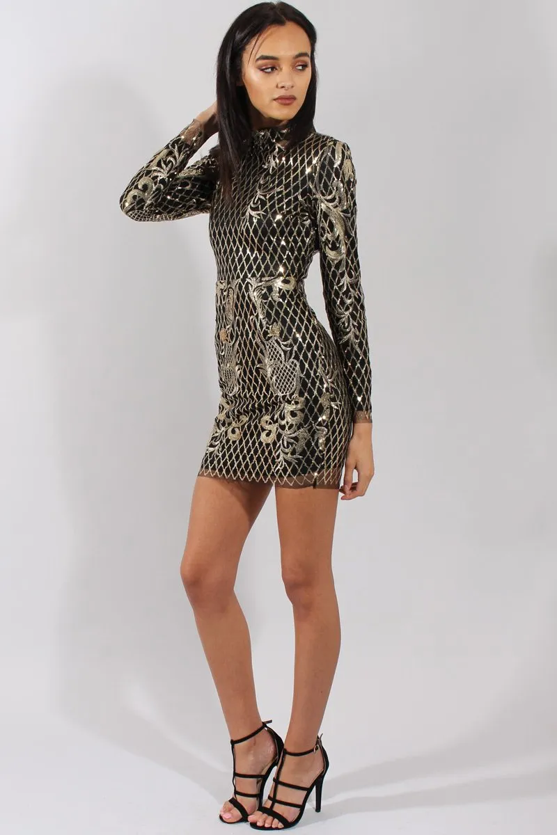 Black High Neck Sequin Embellished Bodycon Dress - Laila