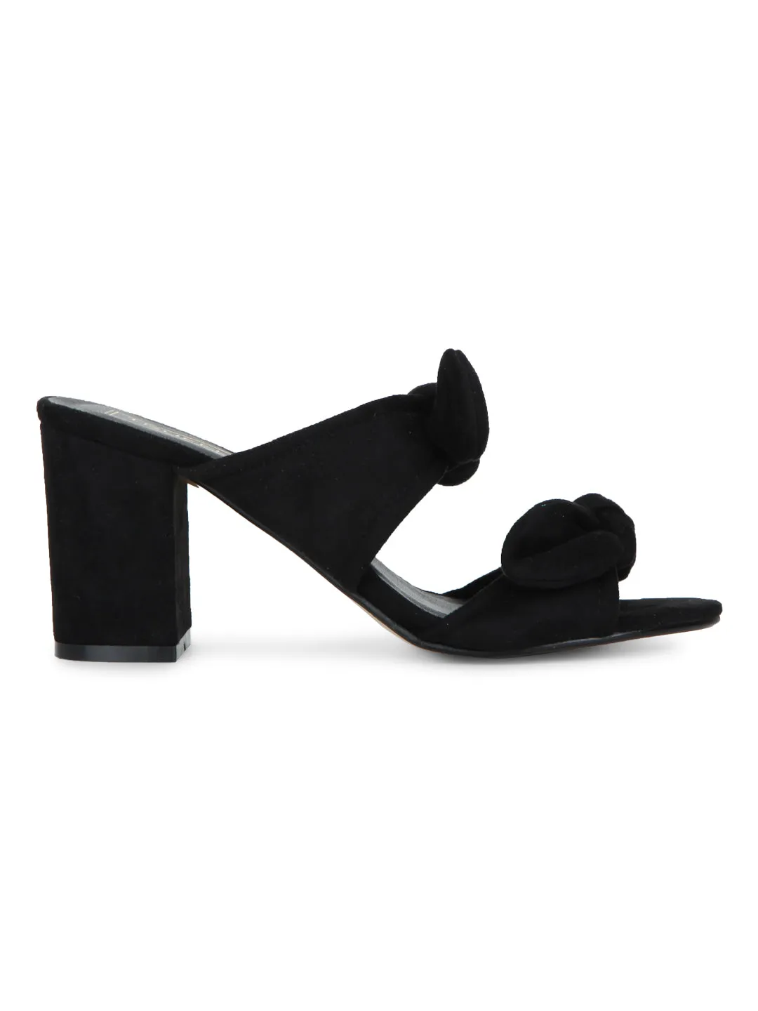 Black Microfibre Double Bow Low Block Heels