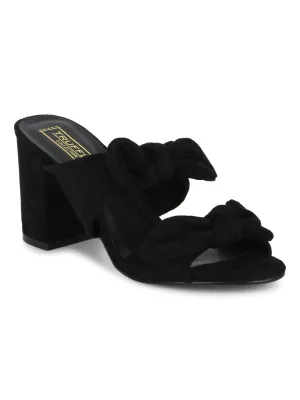 Black Microfibre Double Bow Low Block Heels