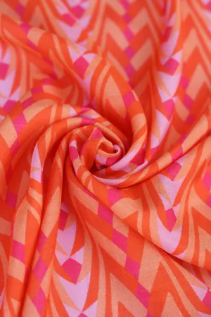 Blazing Orange All Over Geometric Print Natural Muslin Silk Fabric