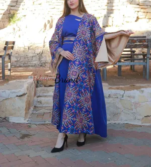 Blue and Golden Oversize Luxurious Full Embroidered Dress and Abaya Set