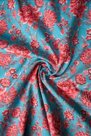 Blue Red Floral Pattern Printed Summer Pure Cotton Fabric