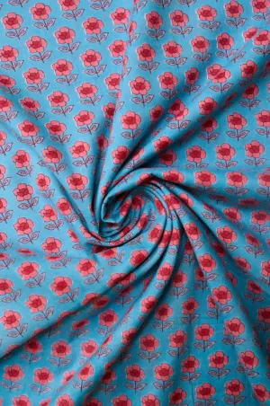 Blue Red Mini Flower Pattern Printed Summer Pure Cotton Fabric