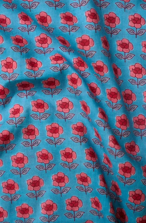 Blue Red Mini Flower Pattern Printed Summer Pure Cotton Fabric