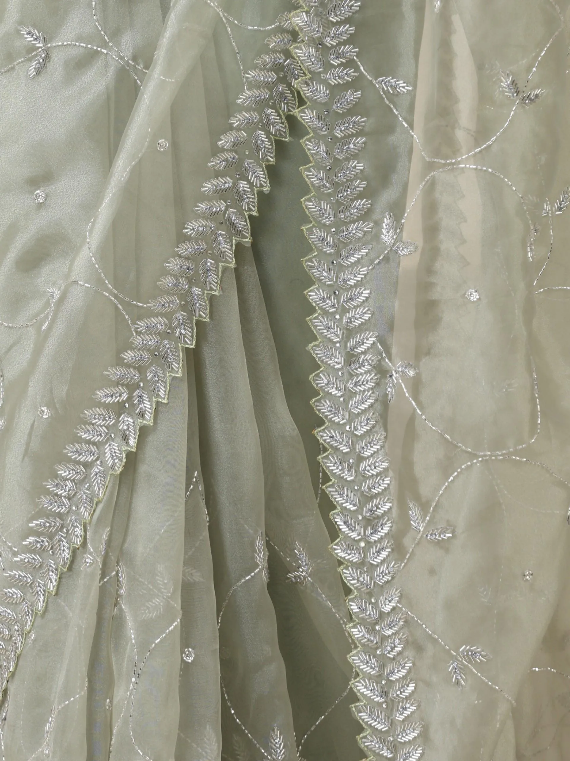 Cat's Eye Sage Organza Saree with Leaf Cut Dana Embroidery also on Blouse Fabric