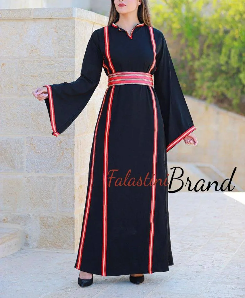 Classy Black Dress with Red Kashmir Details and Wide Sleeve