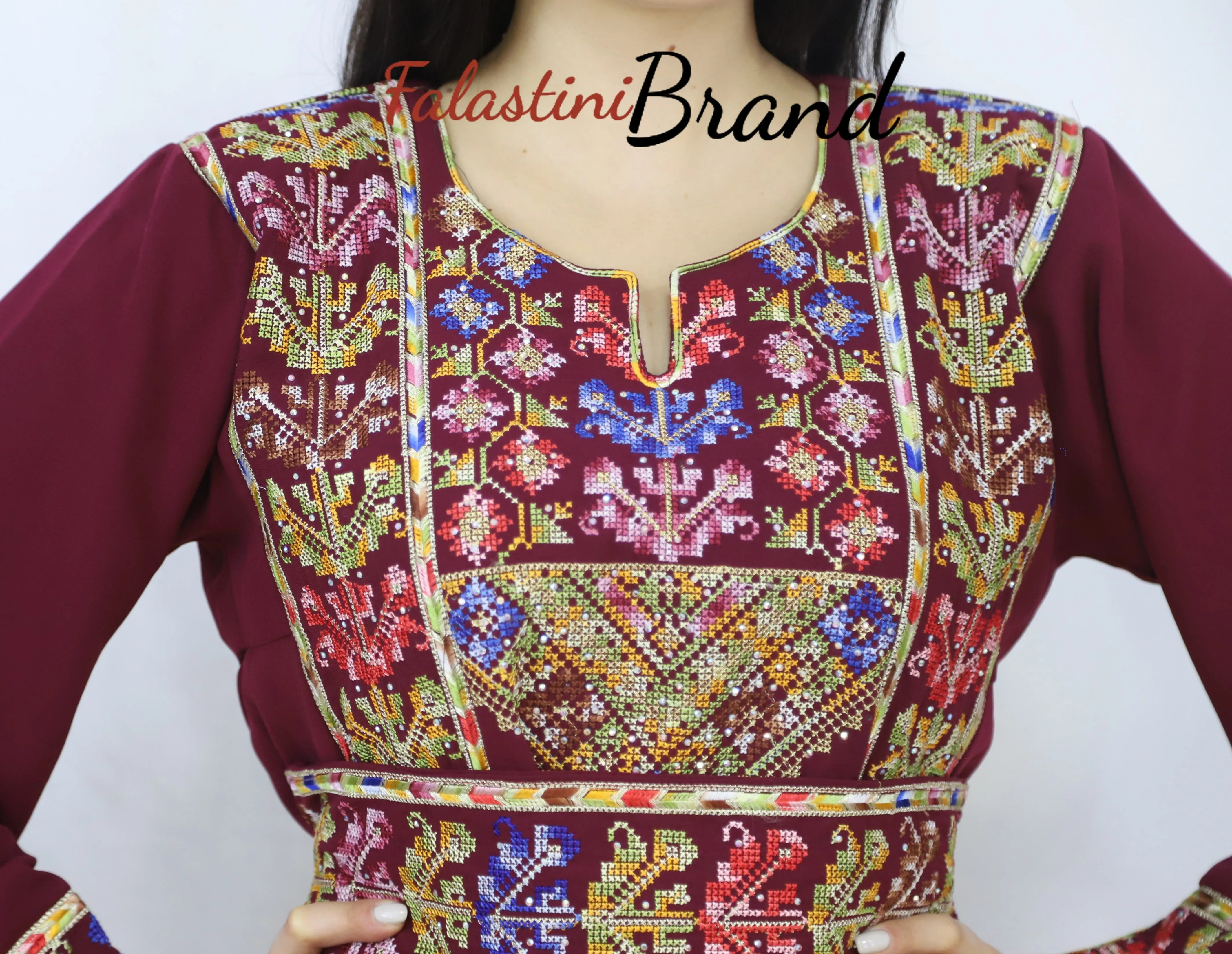 Classy Burgundy Palestinian Embroidered Thobe Dress With Multicolored Embroidery