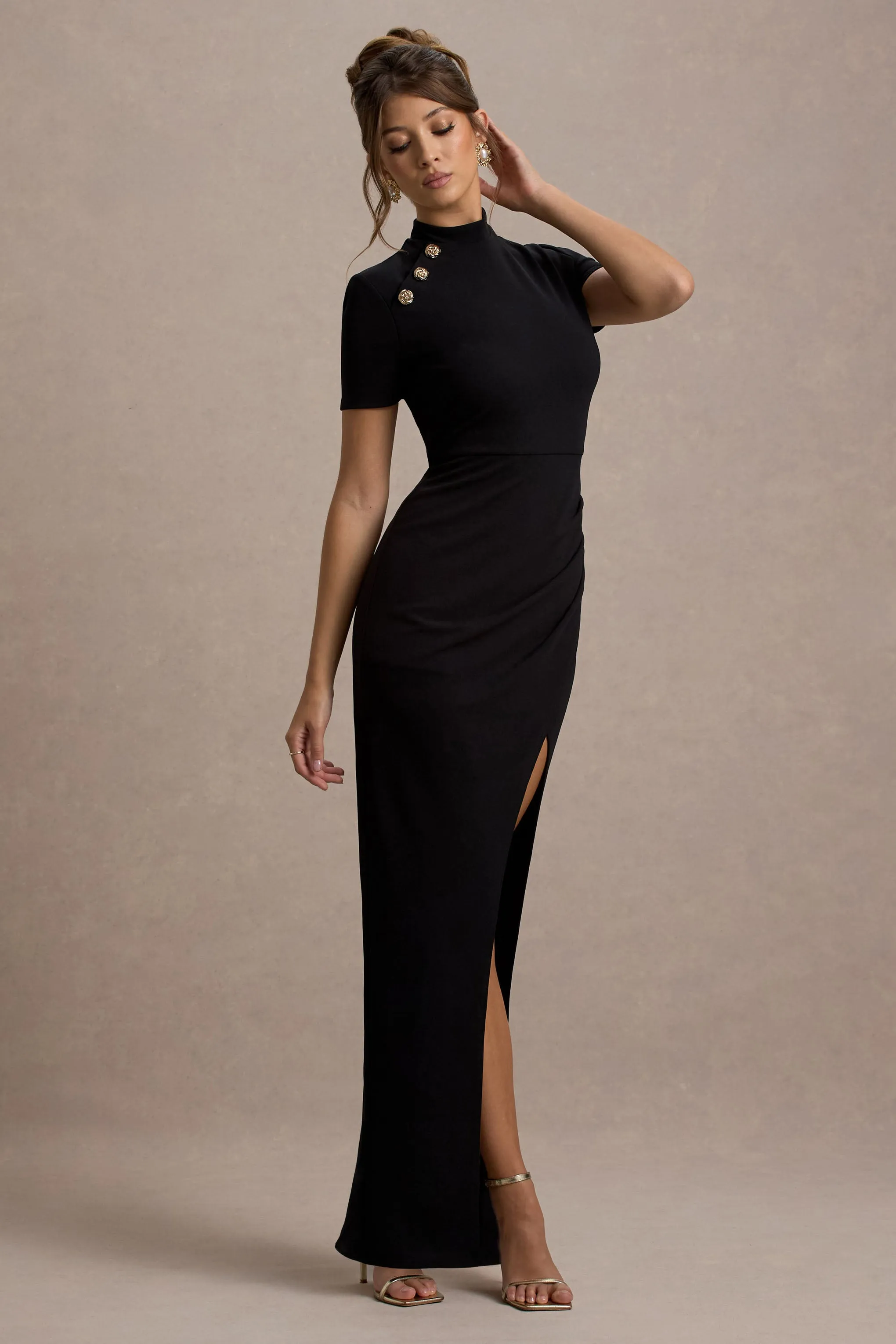 Claudetta | Black High-Neck Short-Sleeve Split Maxi Dress