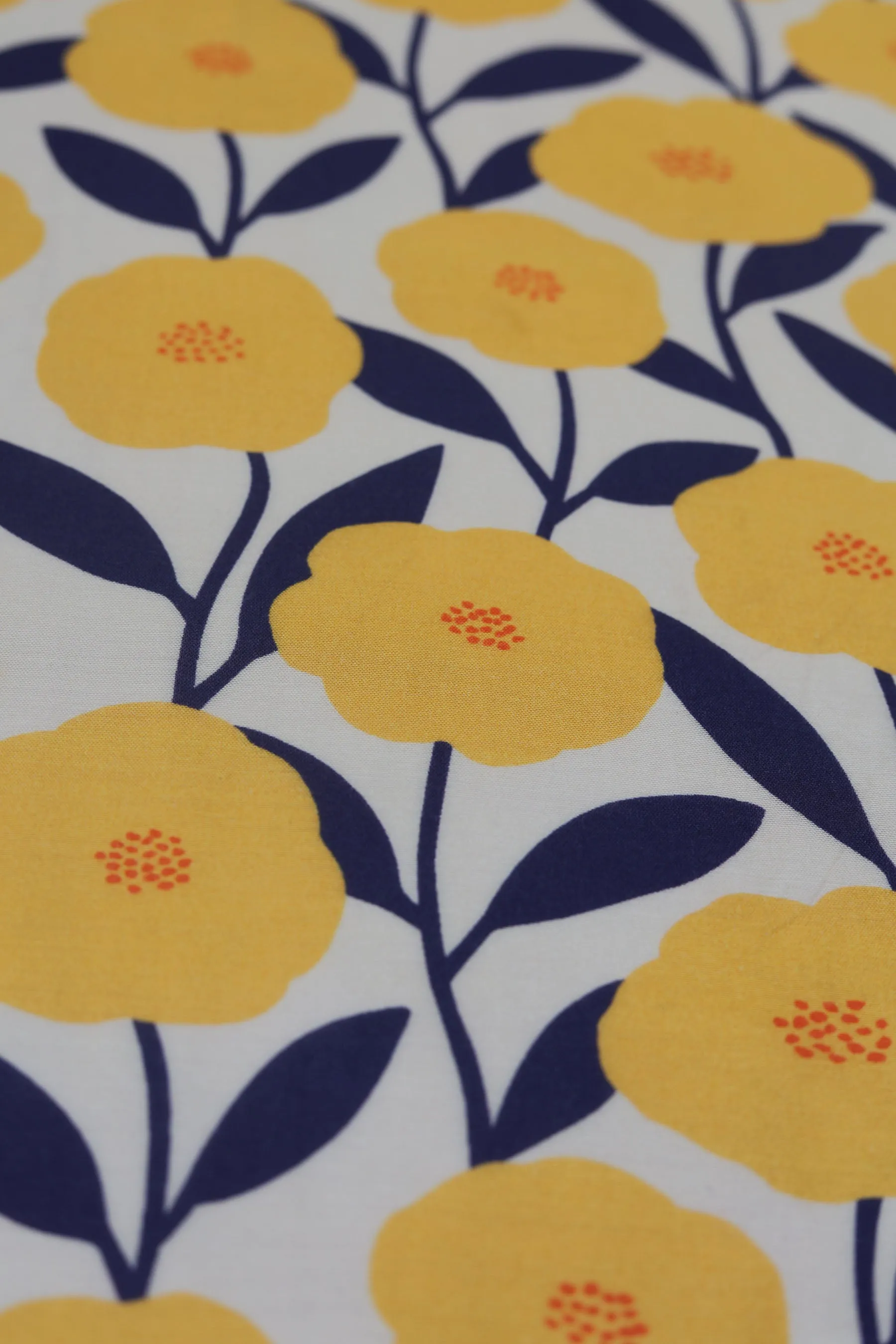 Cream and Yellow Periwinkle Pattern Printed Natural Muslin Silk Fabric