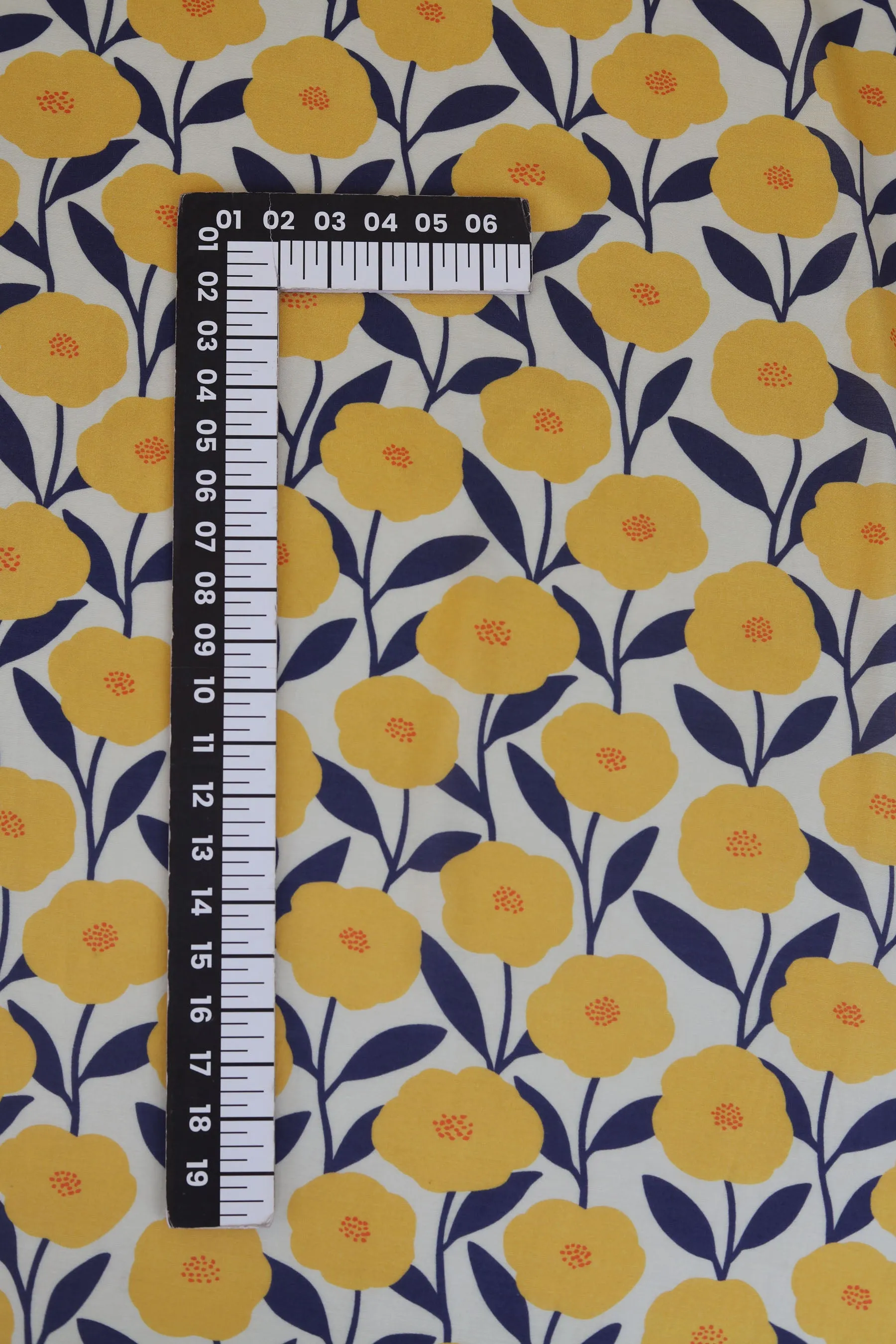 Cream and Yellow Periwinkle Pattern Printed Natural Muslin Silk Fabric