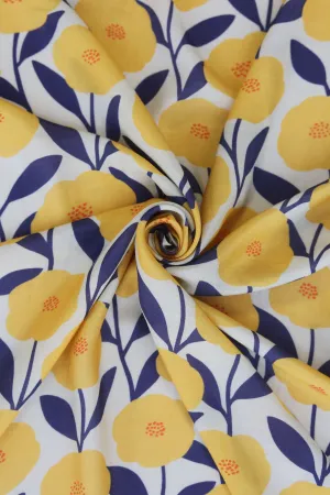 Cream and Yellow Periwinkle Pattern Printed Natural Muslin Silk Fabric