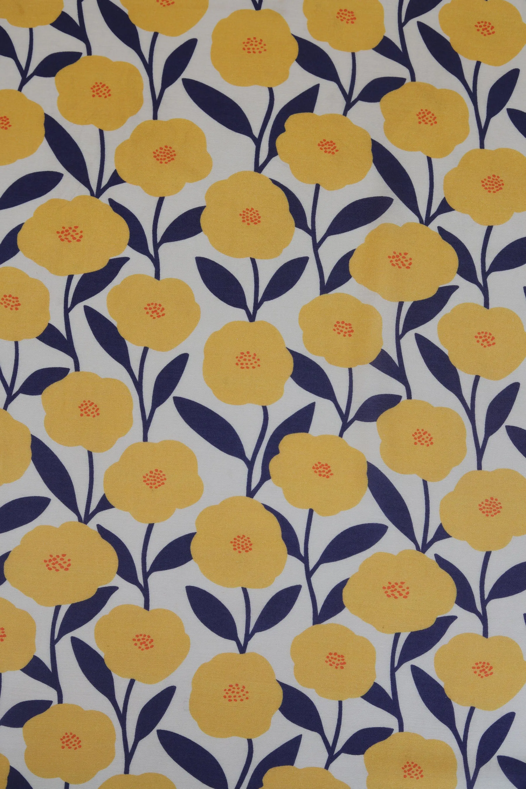 Cream and Yellow Periwinkle Pattern Printed Natural Muslin Silk Fabric