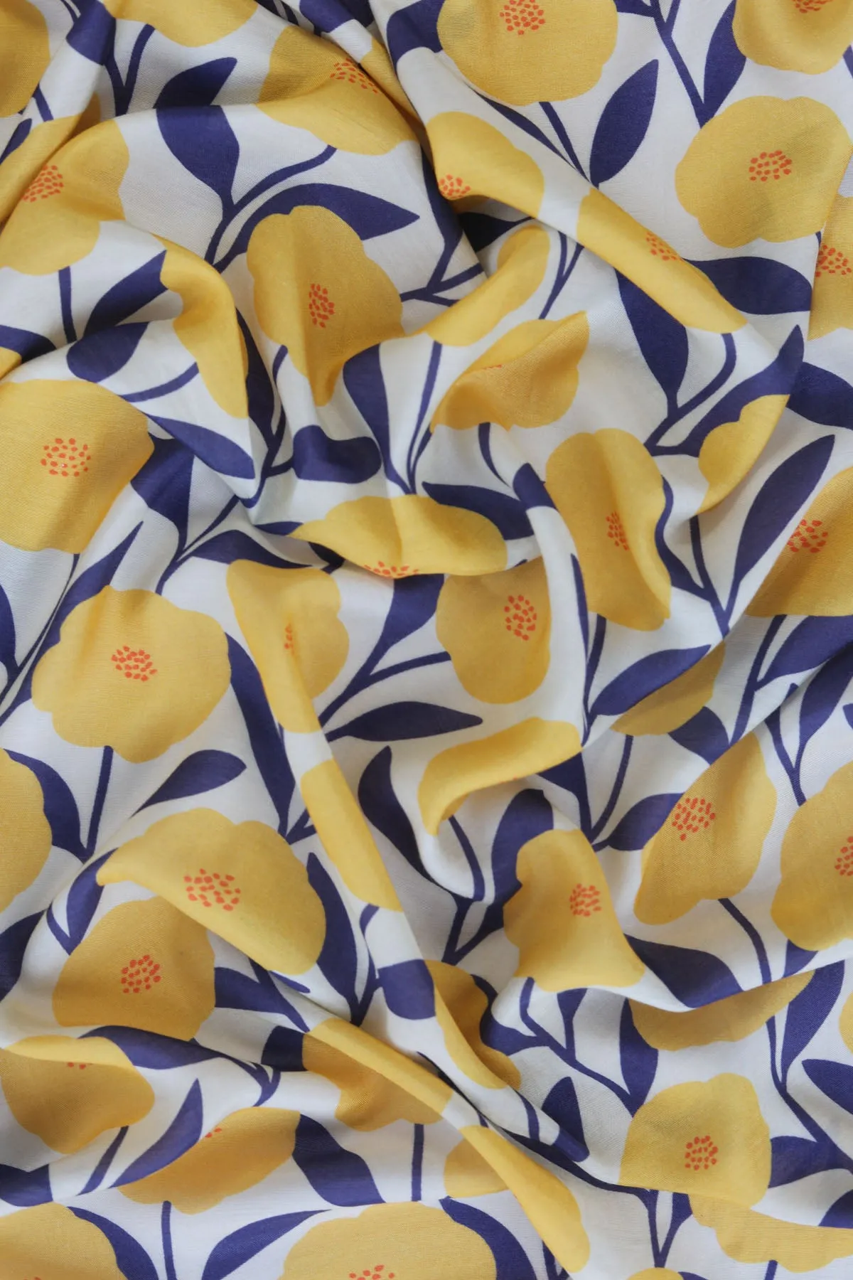 Cream and Yellow Periwinkle Pattern Printed Natural Muslin Silk Fabric