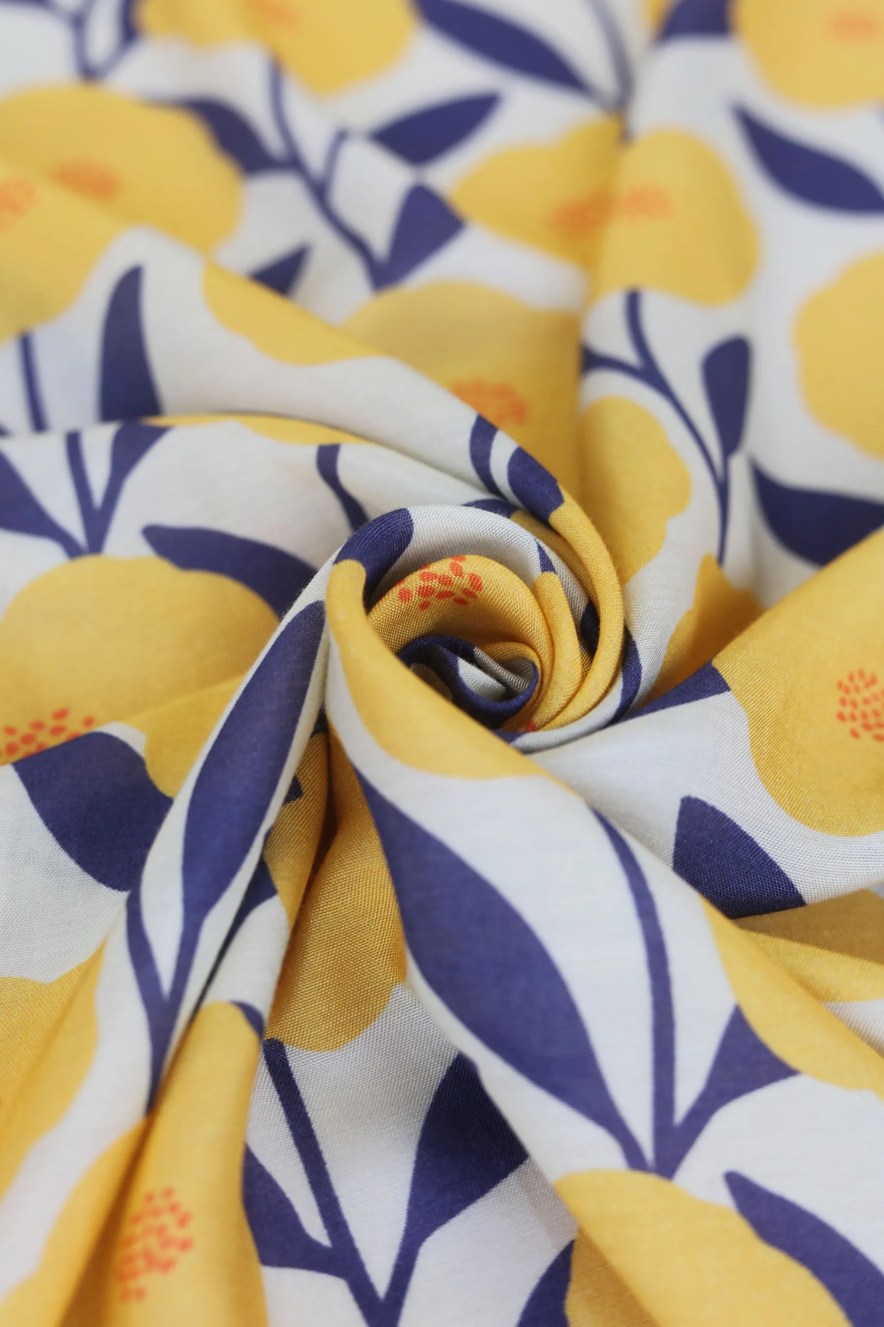 Cream and Yellow Periwinkle Pattern Printed Natural Muslin Silk Fabric