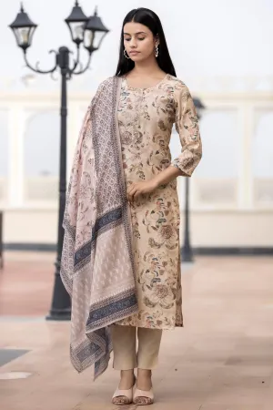 Cream Floral Printed Modal Silk Suit Set