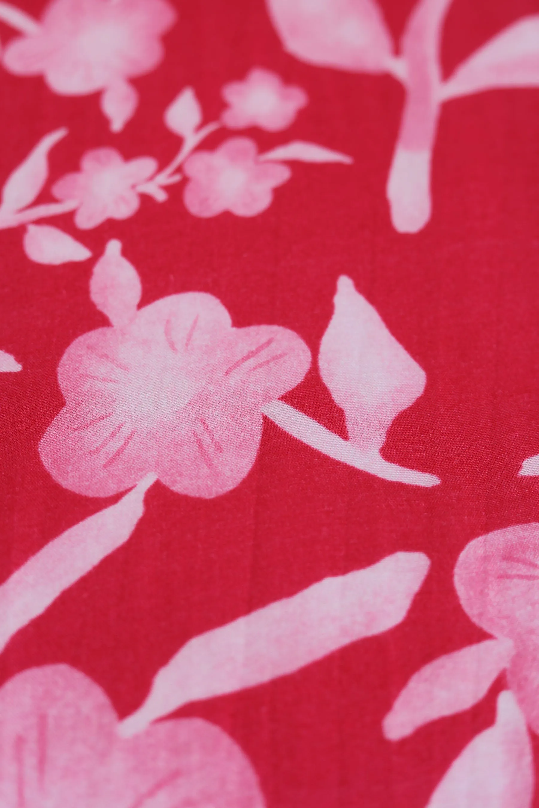 Crimson Red Periwinkle Pattern Printed Natural Muslin Silk Fabric