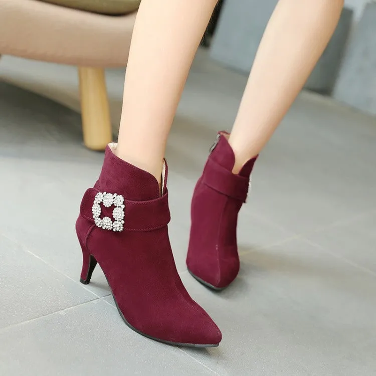 Crystal Pointed Toe Middle Heel Short Boots