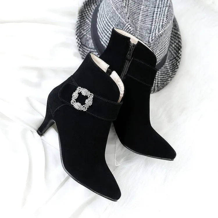 Crystal Pointed Toe Middle Heel Short Boots