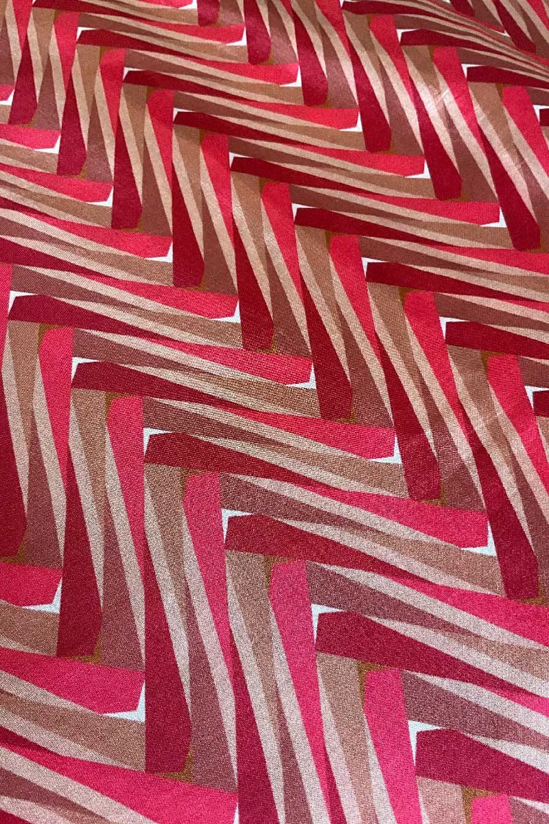 Deep Onion Pink Abstract Herringbone Pattern Printed Natural Muslin Silk Fabric