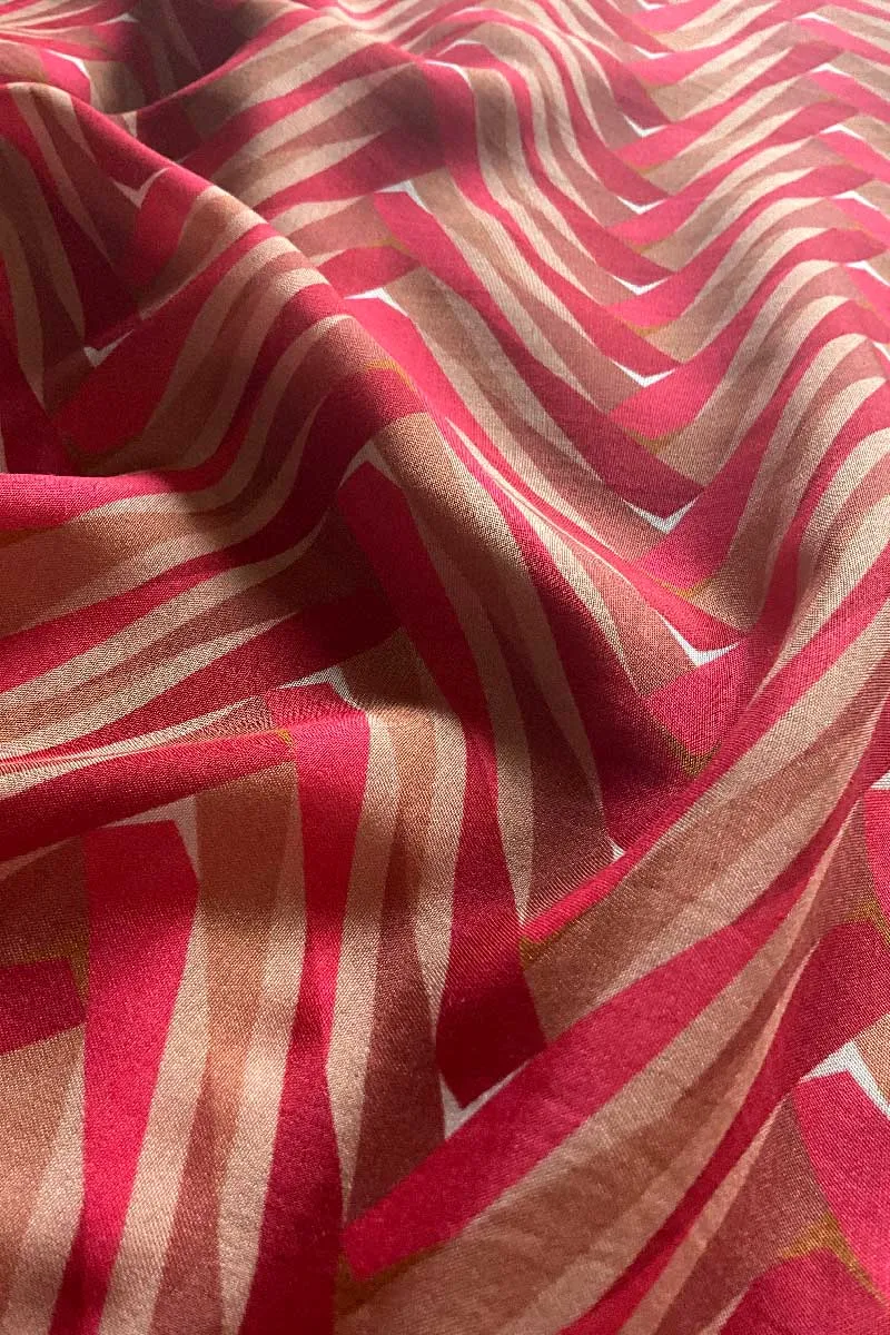 Deep Onion Pink Abstract Herringbone Pattern Printed Natural Muslin Silk Fabric