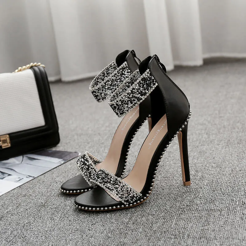 Diamond Rivets Suede Ankle Wrap Stiletto Heel Peep-toe High Heel Sandals