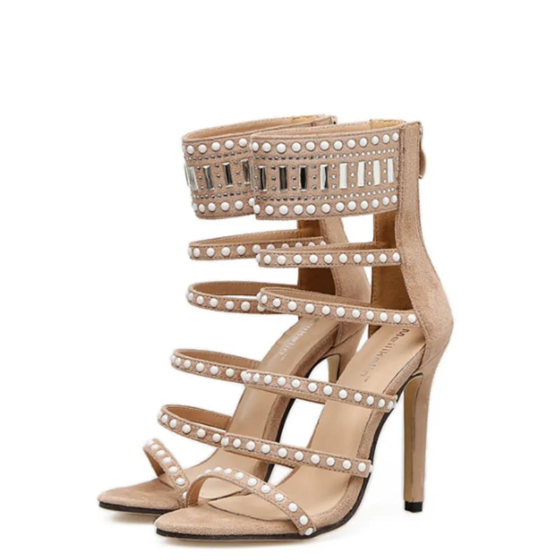 Diamond Straps Suede Open-toe Stiletto High Heels Sandals