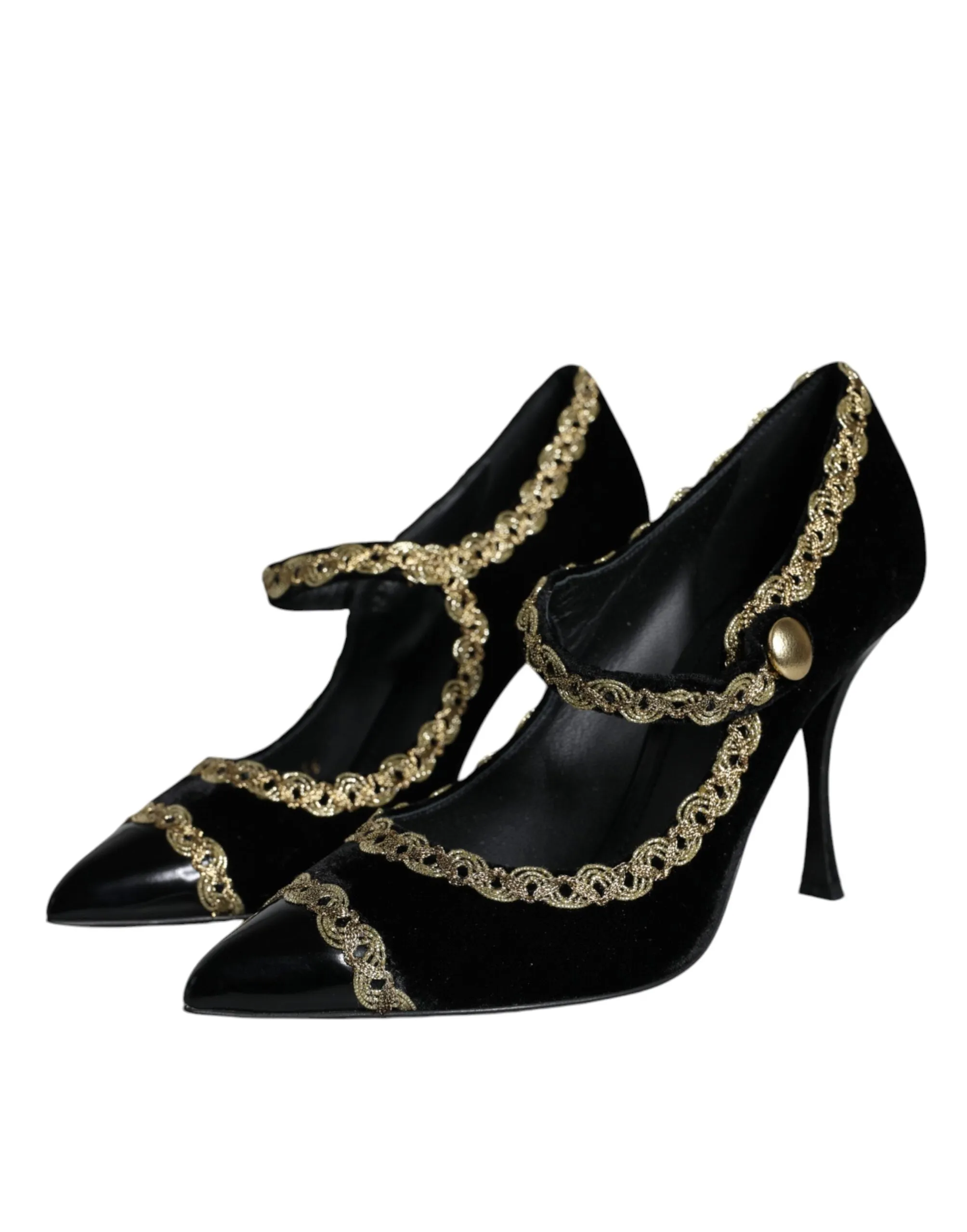 Dolce & Gabbana Black Mary Janes Velvet Gold Pumps Shoes