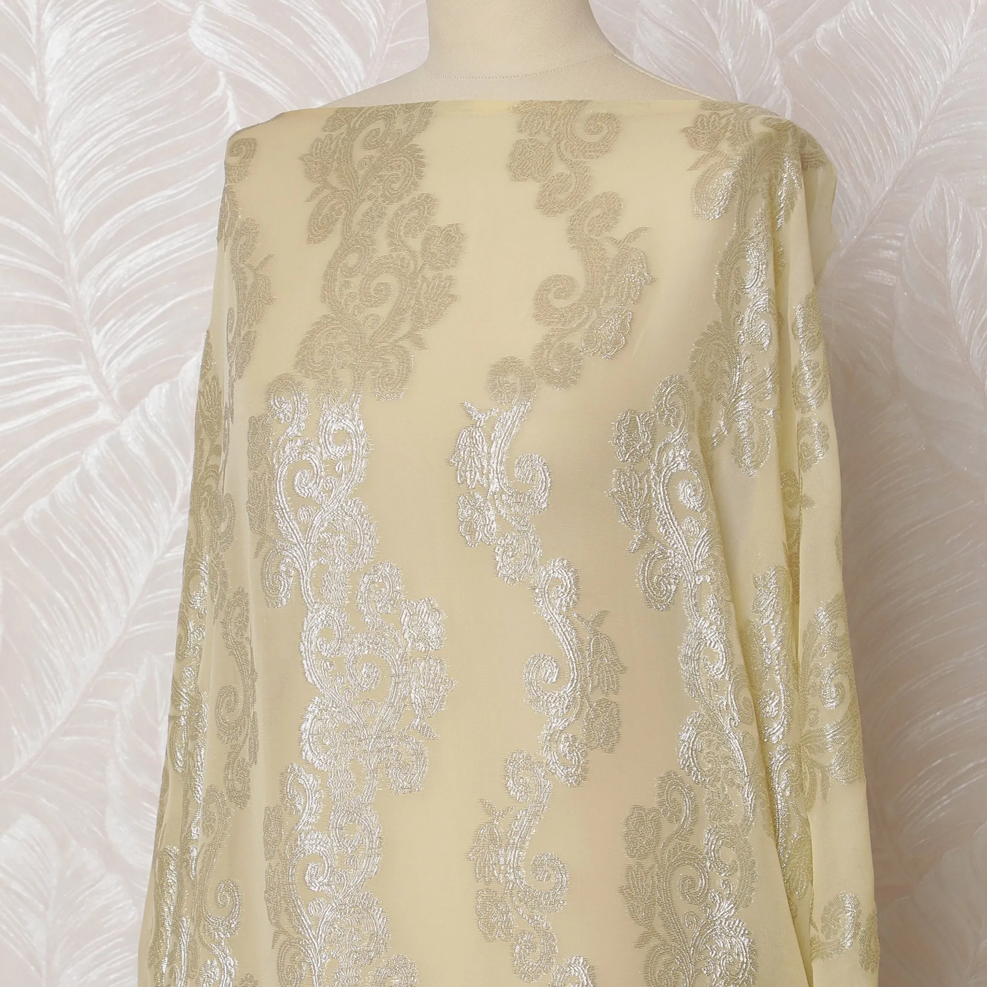 Elegant Beige and Silver Floral Pattern Pure French Silk (Fransawi Dirac) Chiffon Fabric – 140 cm Wide X 3.5 Mtrs-D19858