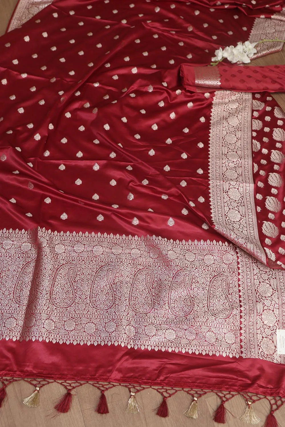 Elegant Maroon Banarasi Silk Satin Silk Three Piece Unstitch Suit Set