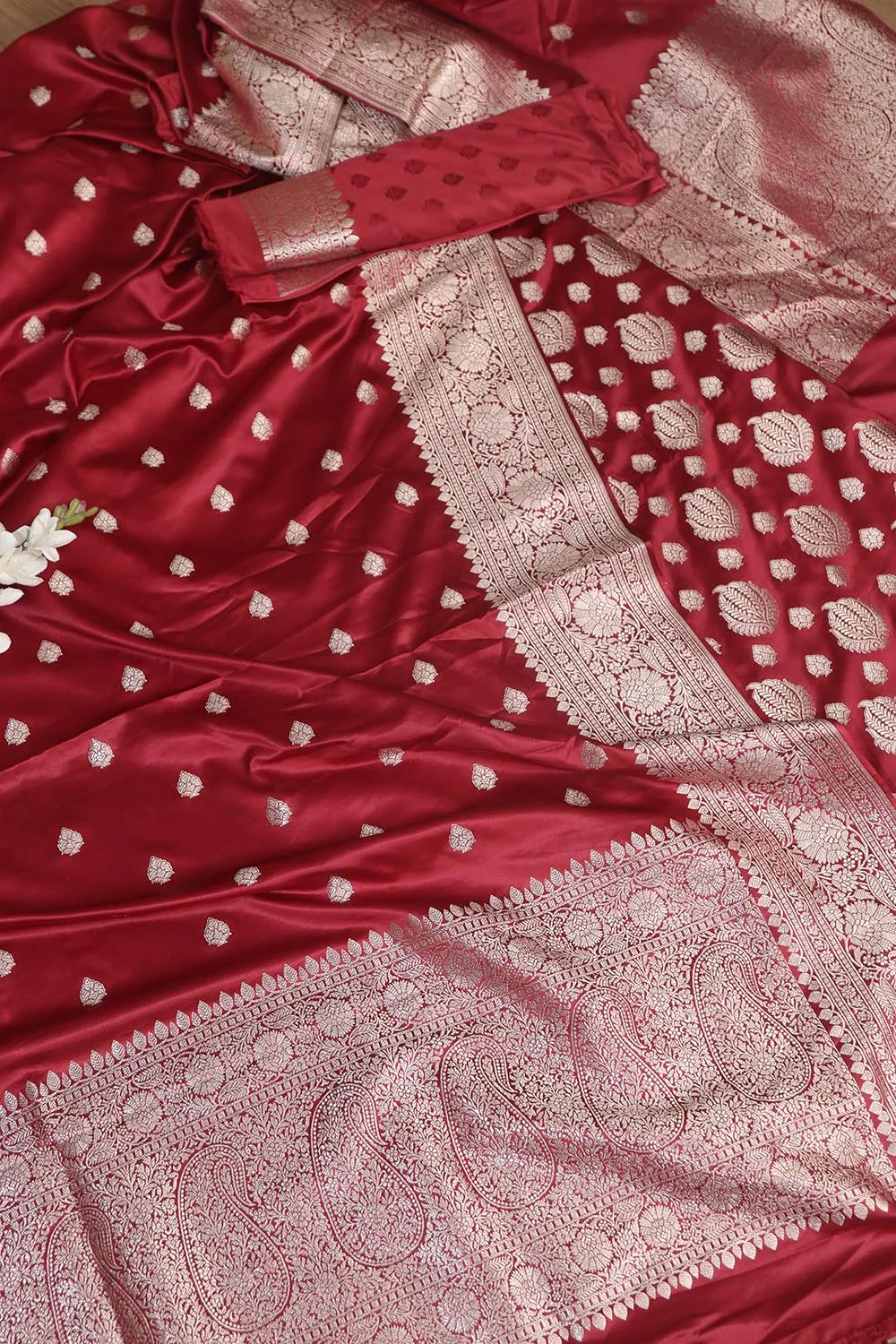 Elegant Maroon Banarasi Silk Satin Silk Three Piece Unstitch Suit Set