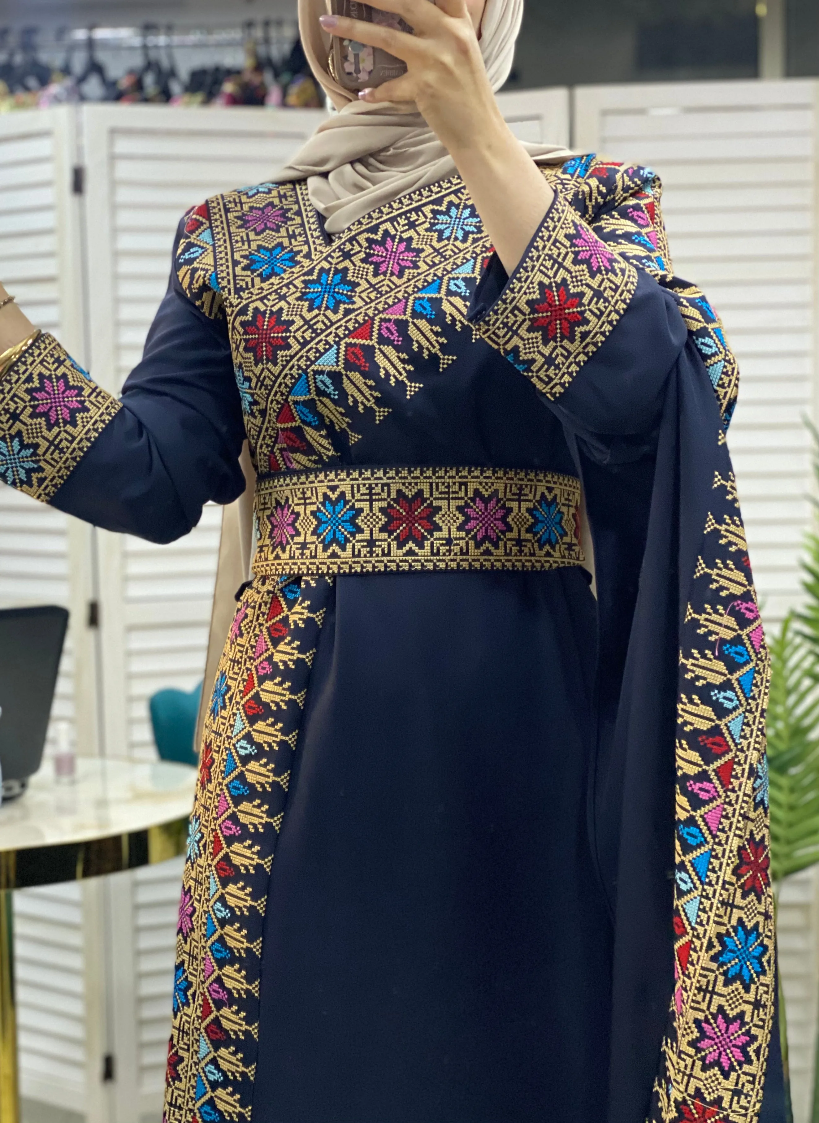 Elegant Navy and Beige Shoulder Details Embroidered Dress