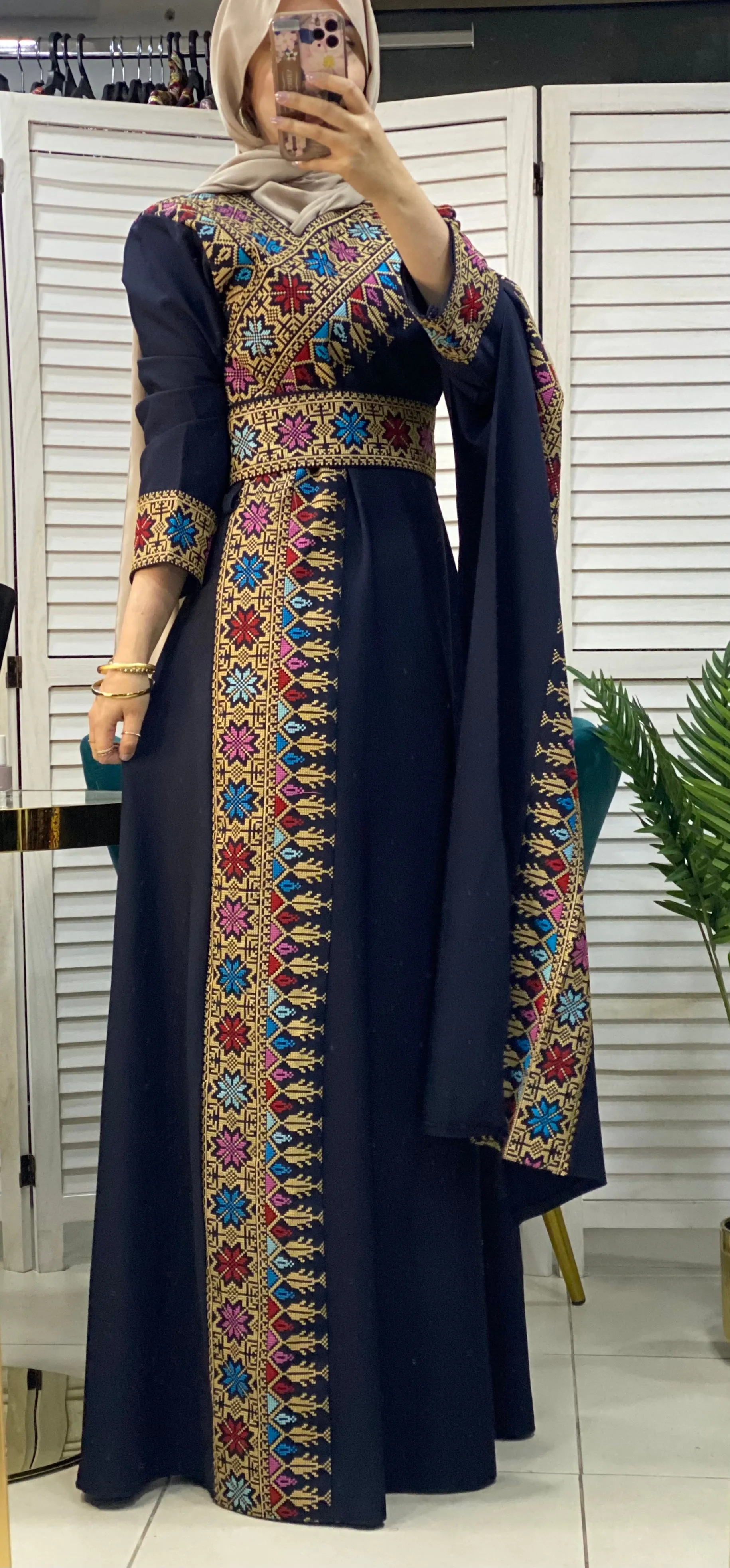 Elegant Navy and Beige Shoulder Details Embroidered Dress