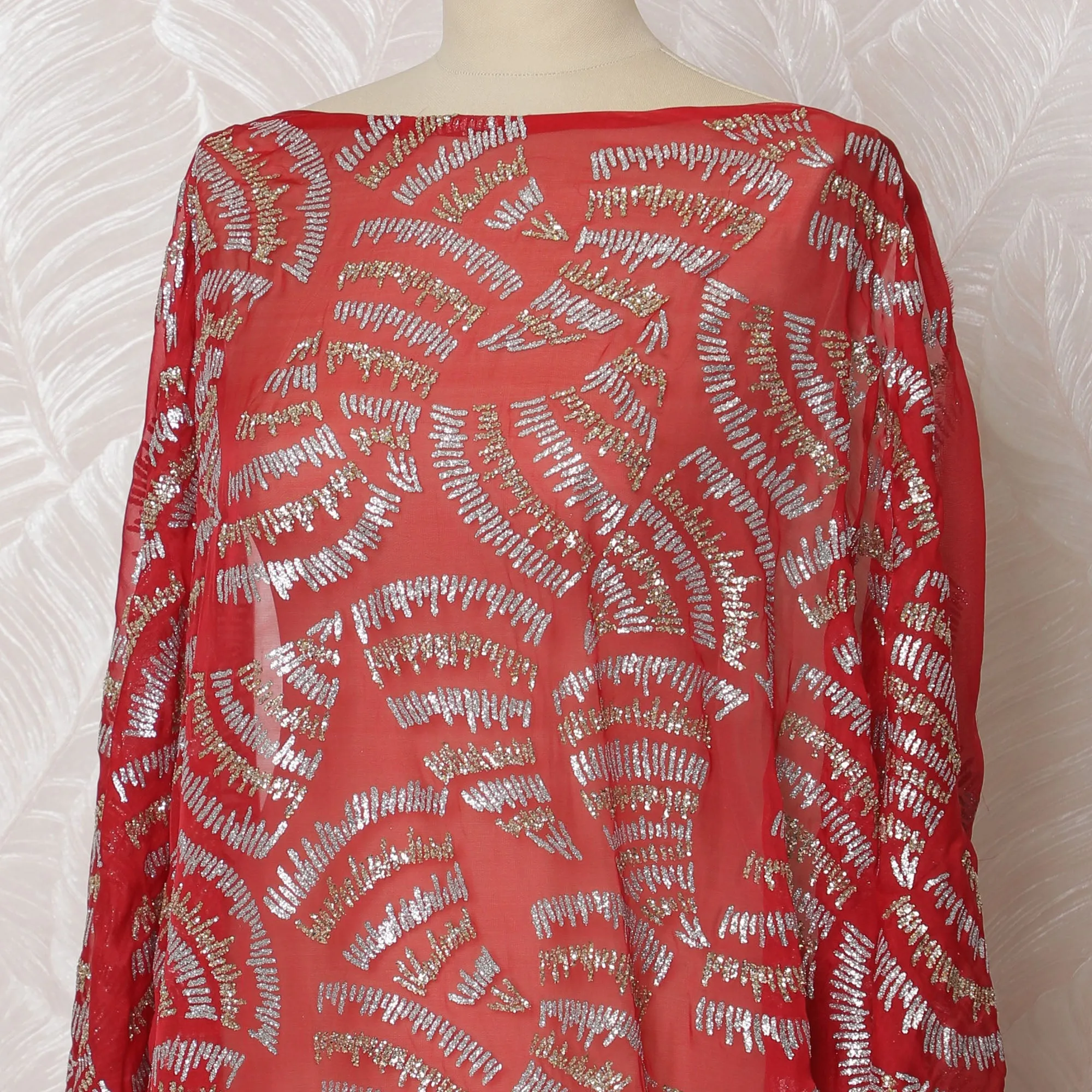 Elegant Red and Silver Wave Pattern Pure French Silk (Fransawi Dirac) Chiffon Fabric – 140 cm Wide X 3.5 Mtrs-D19856