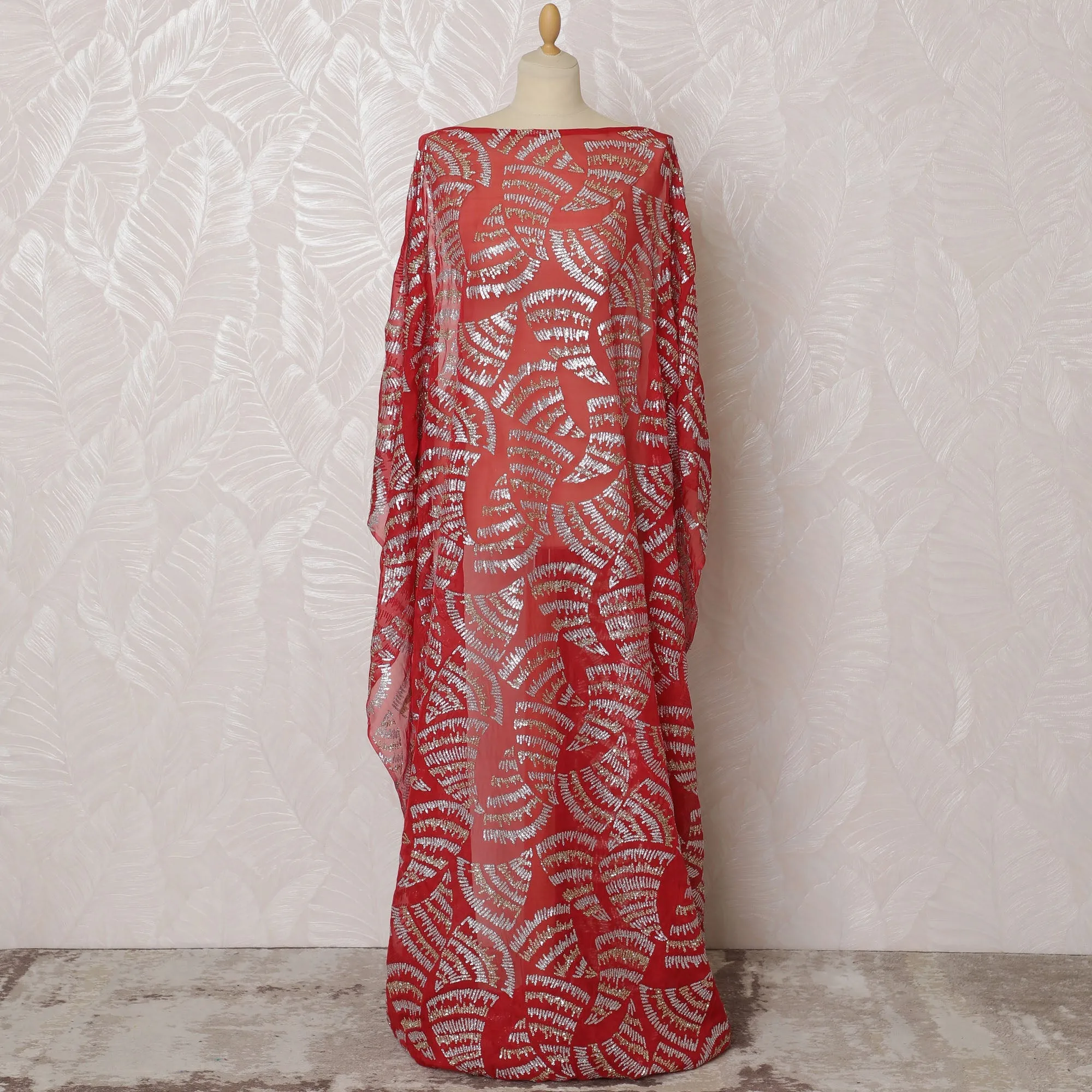 Elegant Red and Silver Wave Pattern Pure French Silk (Fransawi Dirac) Chiffon Fabric – 140 cm Wide X 3.5 Mtrs-D19856