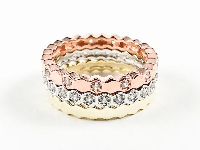 Elegant Set Of 3 Tri Tone Mix Design Eternity Silver Ring