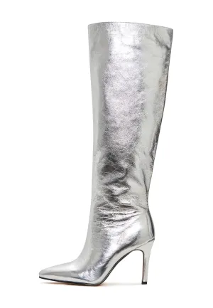 Elegant Silver Knee-High Metallic Boots - Trendy High Heel Statement Footwear - Silver